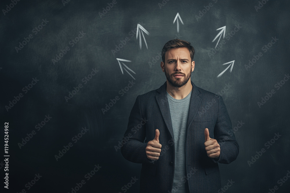 Man making a difficult decision with arrows symbolizing choices Man making a difficult decision with arrows symbolizing choices