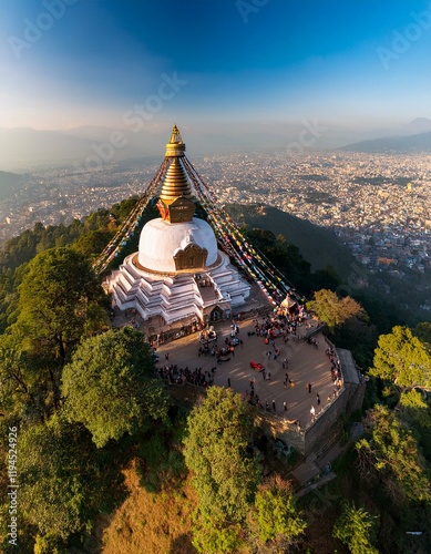 Generated image Drone shot of the Swayambhunath Monkey Temple perched on a hill above the city