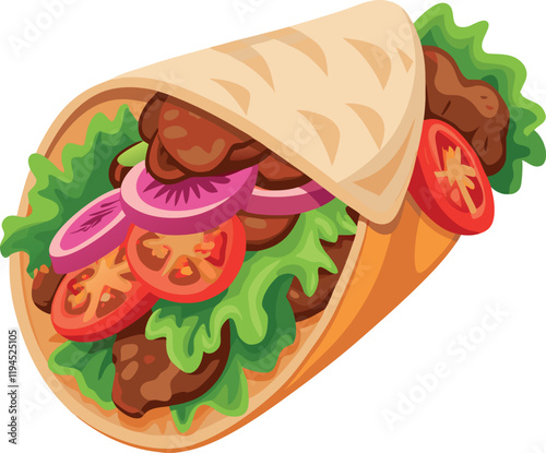 Delicious doner kebab wrapped in pita bread with fresh vegetables