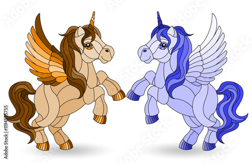 Illustration in stained glass style with a set of unicorns, isolated on a white background, tone blue and brown