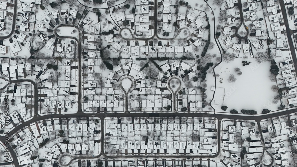 Fototapeta premium Aerial view of Kitchener, Ontario, covered in snow during winter