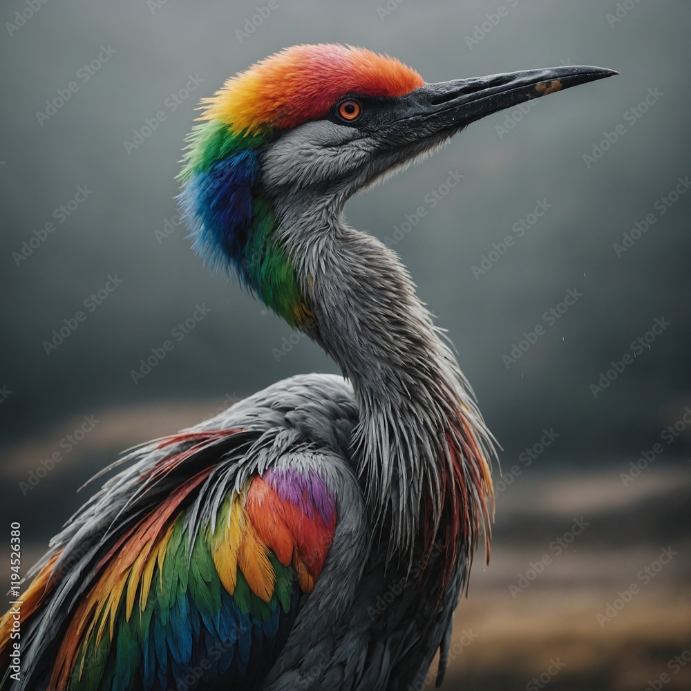 Fototapeta premium A crane with rainbow-colored feathers.
