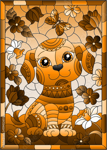 An illustration in the style of a stained glass window with a cute puppy on a background of sky, meadows and flowers, in a frame, tone brown