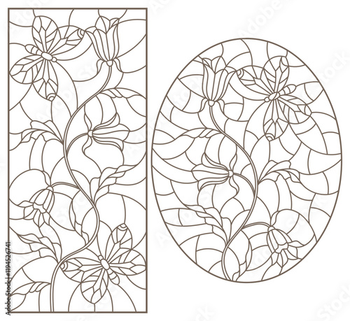 A set of contour illustrations in the style of stained glass with flowers bells and a butterfly, oval and rectangular image in the frame, dark contours on a white background