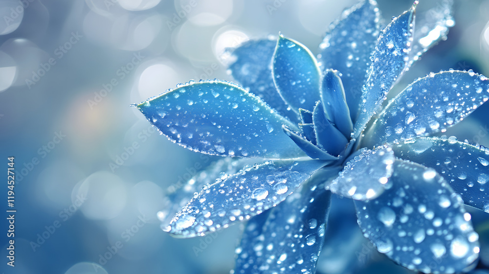 Fototapeta premium Blue agave flower with water droplets on the leaves, close-up on blue background
