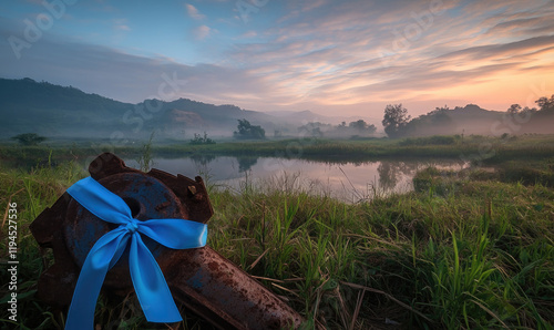 A peaceful dawn landscape with a blue ribbon symbolically tied around a rusted landmine, marking International Day for Mine Awareness. photo