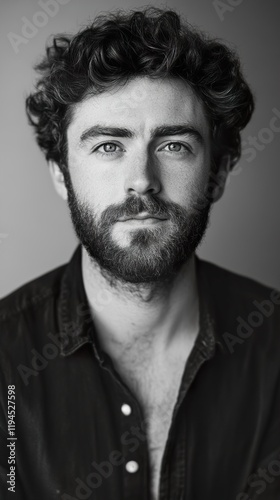 Intense Black and White Portrait of a Man with a Beard