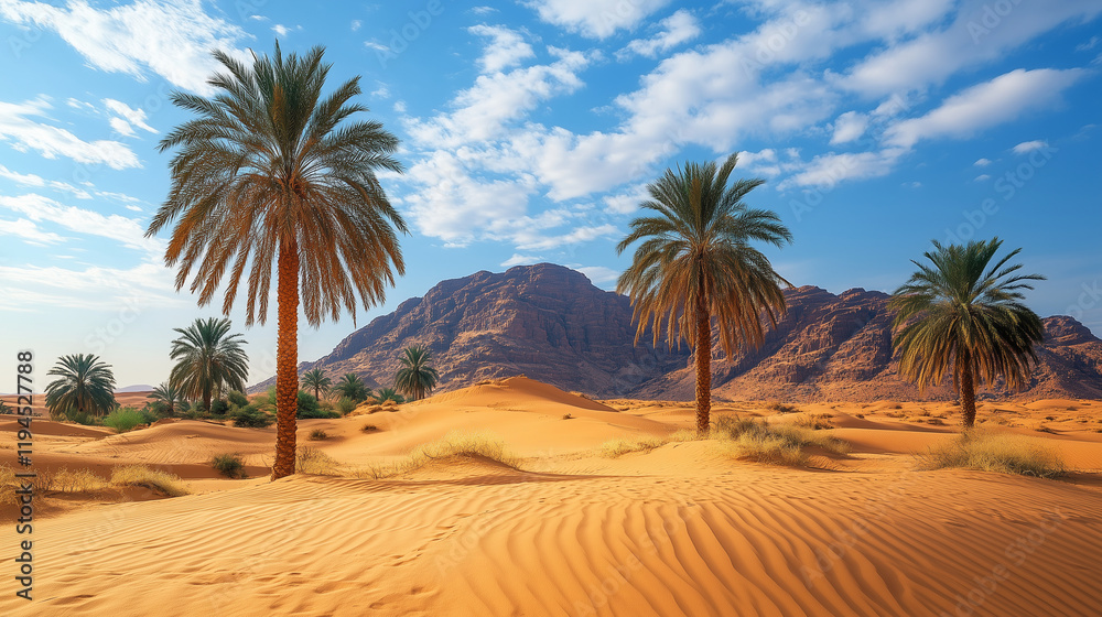 A desert landscape, with dunes and palm trees in the foreground A desert landscape, with dunes and palm trees in the foreground