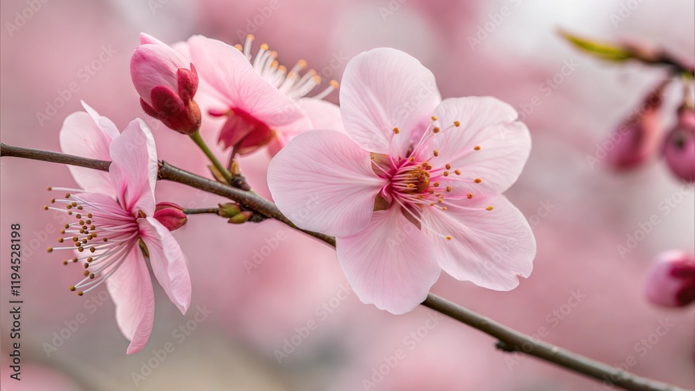Beautiful pink sakura flowers in full bloom on a branch with a blurred background Beautiful pink sakura flowers in full bloom on a branch with a blurred background