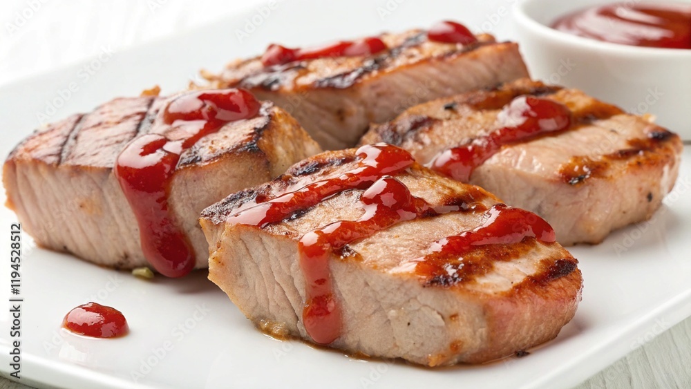BBQ pork, beef chunks with ketchup. Pork, beef pieces cooked on the grill, drizzled with tomato ketchup. The pieces should be shiny and juicy, with characteristic fried edges. Emphasize the meat BBQ pork, beef chunks with ketchup. Pork, beef pieces cooked on the grill, drizzled with tomato ketchup. The pieces should be shiny and juicy, with characteristic fried edges. Emphasize the meat