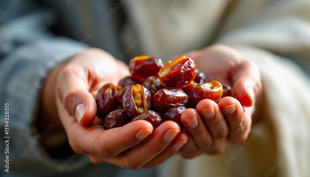 Holding a handful of ripe dates, showcasing their natural texture and rich color Holding a handful of ripe dates, showcasing their natural texture and rich color