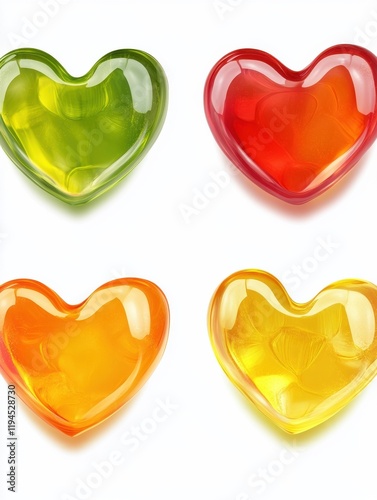 Fruit jelly hearts set isolated. Different colors jelly candy heart 3D shapes png. AI generated