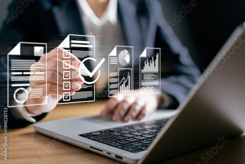 Businesswoman manage e-document system Online .Document management checking the version correct and storing important data for efficient and secure operations organization paper reduction.