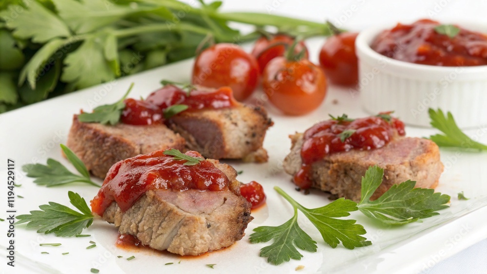 BBQ pork, beef chunks with ketchup. Pork, beef pieces cooked on the grill, drizzled with tomato ketchup. The pieces should be shiny and juicy, with characteristic fried edges. Emphasize the meat BBQ pork, beef chunks with ketchup. Pork, beef pieces cooked on the grill, drizzled with tomato ketchup. The pieces should be shiny and juicy, with characteristic fried edges. Emphasize the meat