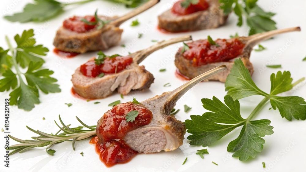 Pieces of ribs with ketchup. Pork, lamb ribs covered with tomato ketchup, with caramelized crust. Clear texture of the meat Pieces of ribs with ketchup. Pork, lamb ribs covered with tomato ketchup, with caramelized crust. Clear texture of the meat