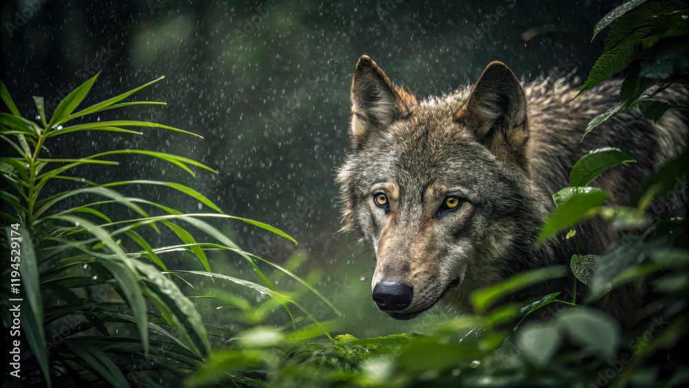 Fototapeta premium A wolf lurking in the jungle. Its face is partially obscured by plants, giving the impression that it is watching for prey. Rainy setting and dramatic lighting.