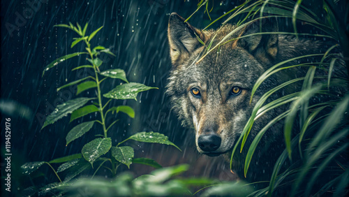 A wolf lurking in the jungle. Its face is partially obscured by plants, giving the impression that it is watching for prey. Rainy setting and dramatic lighting.