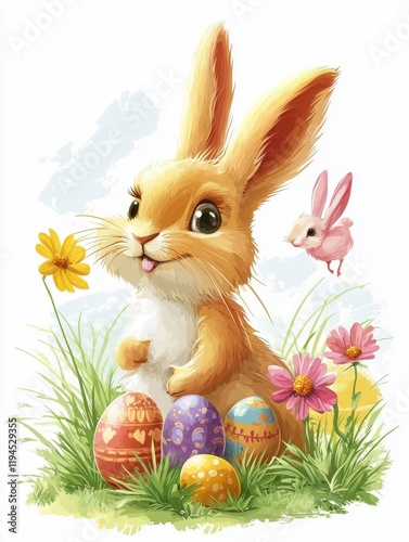 Cartoon easter bunny. Rabbit hiding, bunnies with eggs and flowers. Cute springtime characters, hare painted and chicken. Seasonal holidays decent vector animals photo