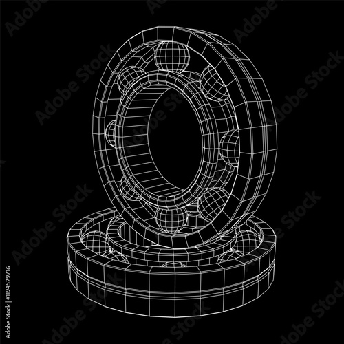 Roller bearing. Circular round rotating bearings used in industry for heavy equipment mechanical work and engineering. Wireframe low poly mesh vector illustration.