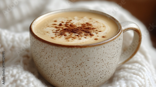 a cup of hot chocolate latte on a white blanket photo