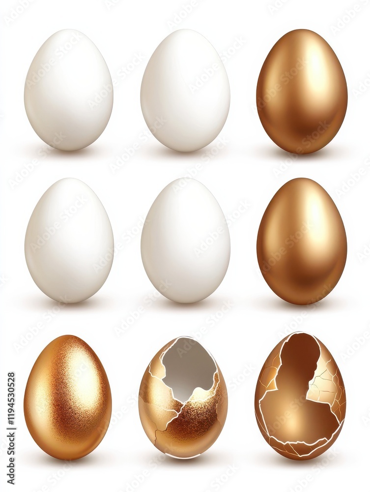 Realistic eggs. White egg and broken shell, golden silver bronze easter hunting elements. Farm product vector set Realistic eggs. White egg and broken shell, golden silver bronze easter hunting elements. Farm product vector set
