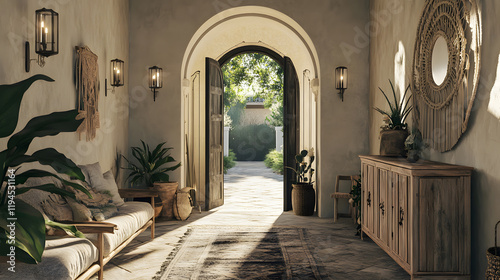Rustic arched entrance leading to lush outdoor scenery