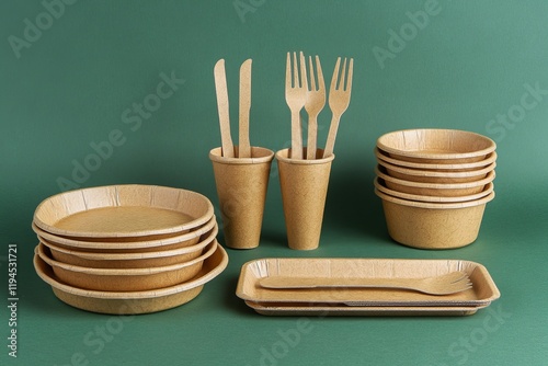 Eco-friendly disposable tableware set on green background. (1)