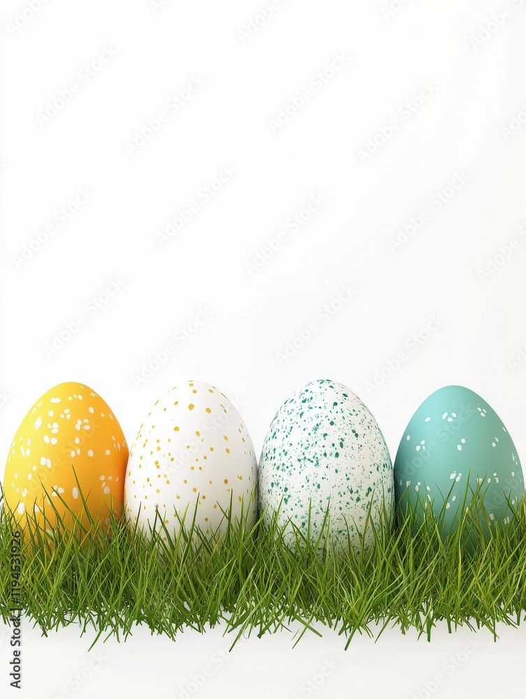 Easter eggs in a row with green grass isolated on a white background Easter eggs in a row with green grass isolated on a white background