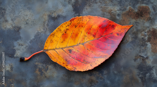 An orange and red autumn leaf is centered on a dark, mottled background photo