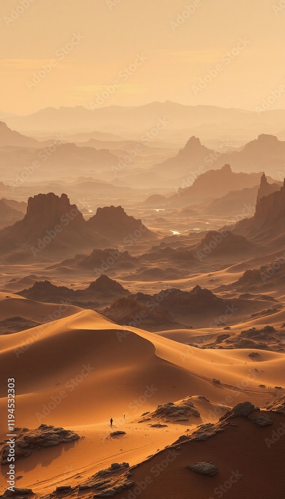 Naklejka premium Golden Desert Landscape with Rolling Sand Dunes and Distant Mountain Peaks