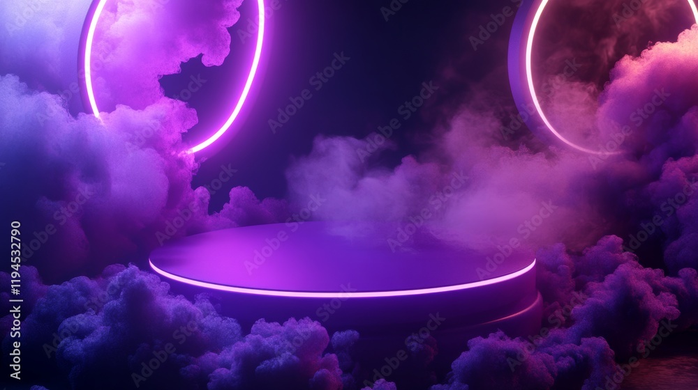 Fototapeta premium Cylinder flying podium with neon glowing abstract geometric shapes on wall and smoke clouds. Realistic 3d vector illustration of purple and blue luminous hi tech product platform on dark background.
