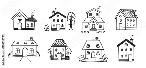 Hand drawn doodle house vector set. Cute outline houses black and white line illustration