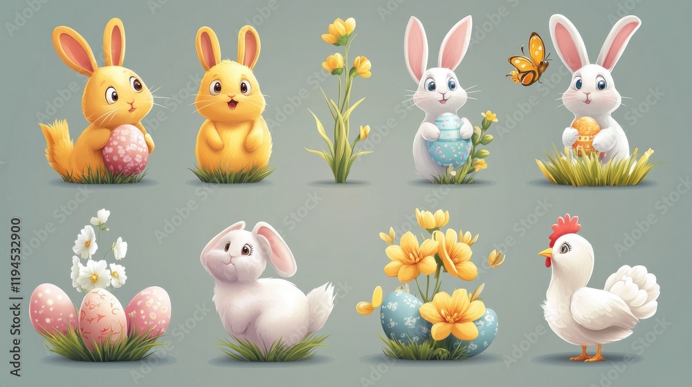 Naklejka premium Cartoon easter bunny. Rabbit hiding, bunnies with eggs and flowers. Cute springtime characters, hare painted and chicken. Seasonal holidays decent vector animals