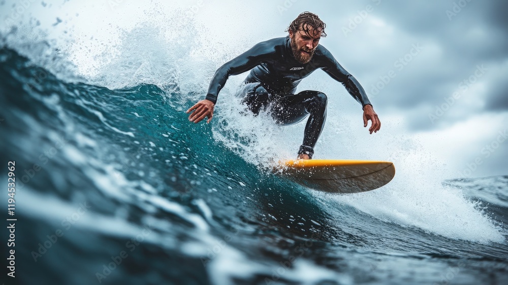 Naklejka premium Surfer Riding the Ocean Wave in a Dramatic Seascape Under Dark Clouds, Showcasing Skill, Thrill, and the Beauty of Water Sports