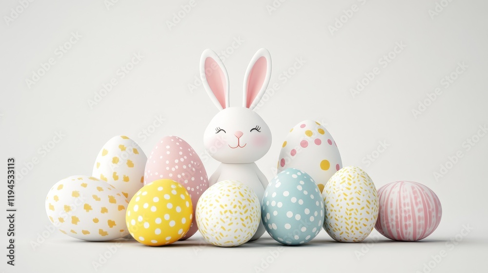Illustration of a group of Easter eggs and a sweet bunny on a white background Illustration of a group of Easter eggs and a sweet bunny on a white background