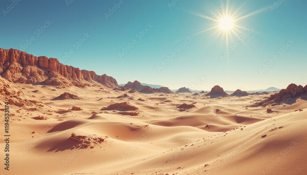 Vast desert landscape with sunburst above sand dunes and rocky cliffs on a clear day Vast desert landscape with sunburst above sand dunes and rocky cliffs on a clear day
