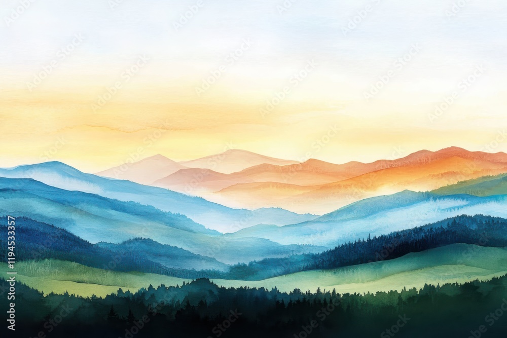 Obraz premium Calming watercolor painting of rolling hills nature landscape vibrant gradients serene environment artistic viewpoint soothing concept