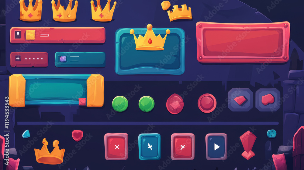 Fototapeta premium Set game frames and menu buttons cartoon interface. Empty borders with royal crown and banners, ui or gui design elements. Slider, red and green keys, user panel sliders, settings isolated vector set