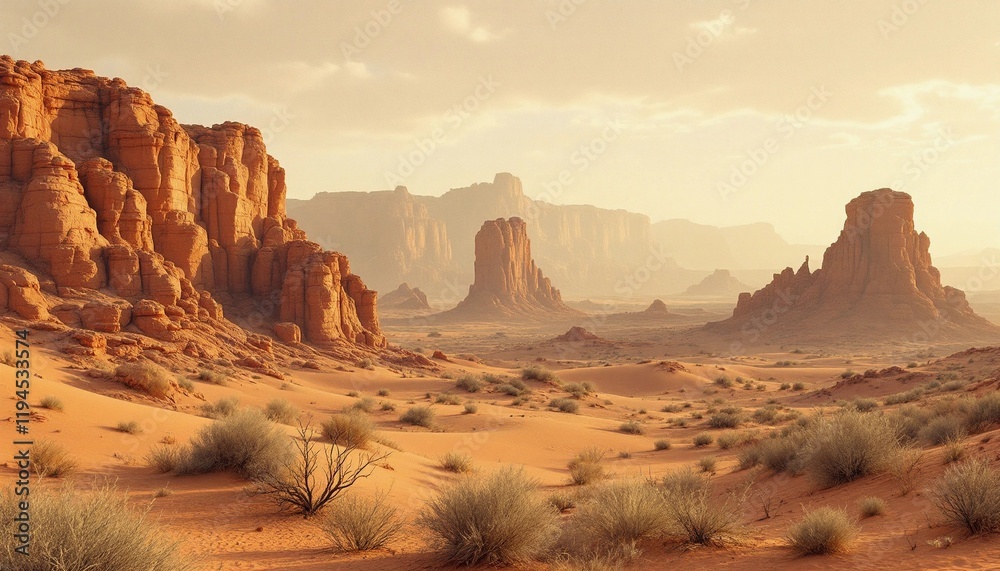 Naklejka premium Stunning desert landscape with majestic rock formations under a hazy sky