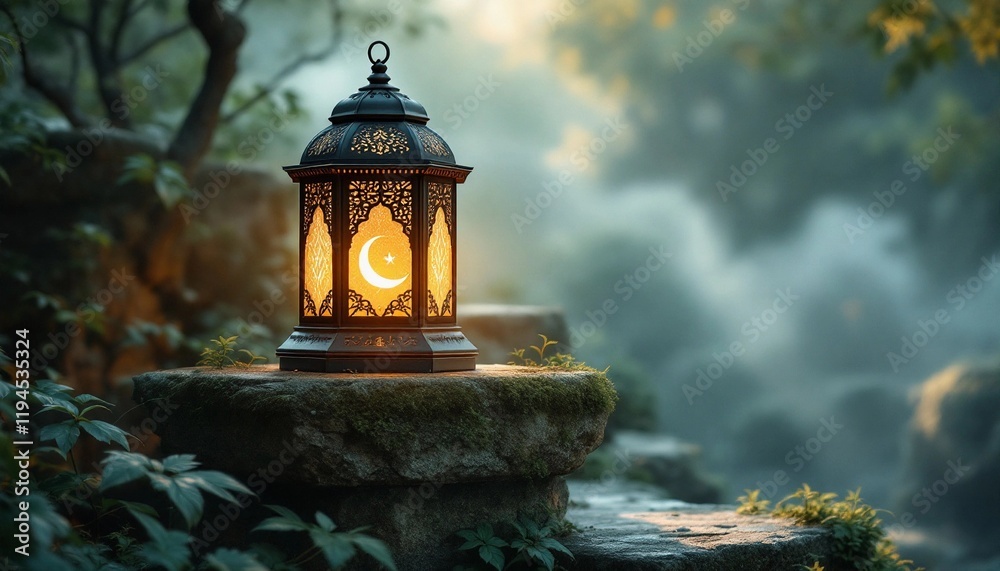 Mystical Lantern with Crescent Moon Illuminating a Serene Outdoor Scene Mystical Lantern with Crescent Moon Illuminating a Serene Outdoor Scene