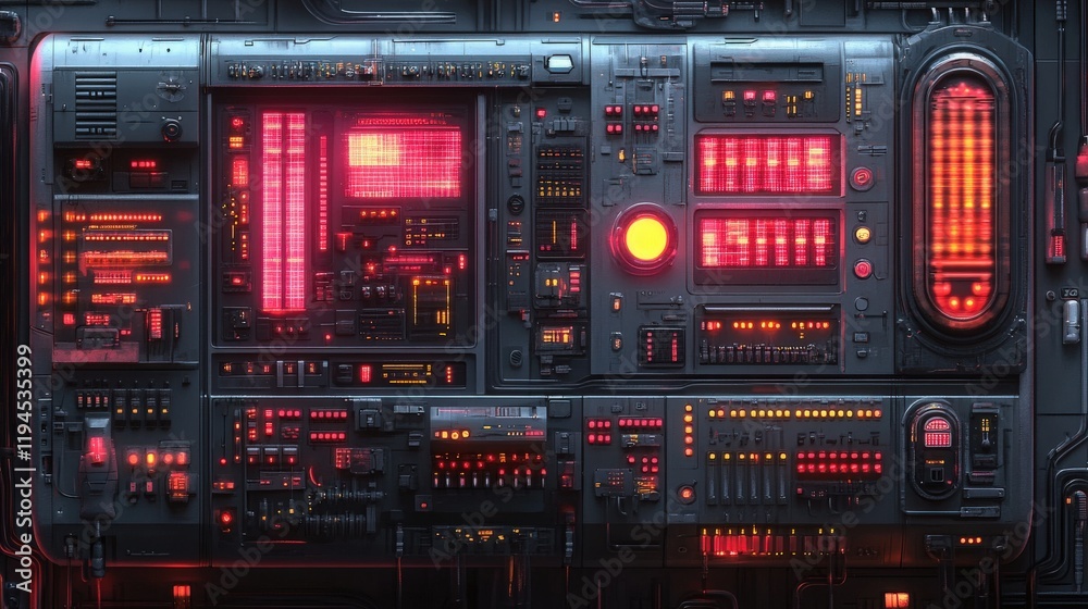 Futuristic Control Panel with Bright Red Lights and Complex Circuitry for Science Fiction Themes and Digital Art Projects Futuristic Control Panel with Bright Red Lights and Complex Circuitry for Science Fiction Themes and Digital Art Projects