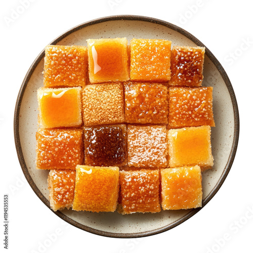 Traditional honey-soaked semolina squares served on a ceramic plate isolated on white or transparent PNG photo