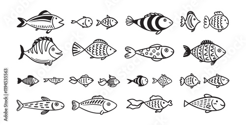 Doodle fish icon set. hand drawn Fish sketch collection. Underwater world sea life ocean