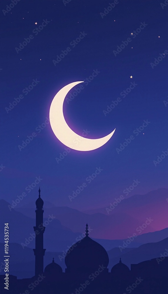 Naklejka premium Serene Crescent Moon over Mosque Silhouettes in a Deep Blue Night Sky with Stars