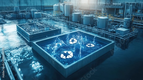 Futuristic Water Treatment Facility with Floating Recycling Symbols in Industrial Setting, High-Tech Infrastructure for Sustainable Water Management Solutions