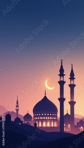 Wallpaper Mural Serene Evening Scene of Mosques and a Crescent Moon, Silhouette in a Pastel Sky Torontodigital.ca