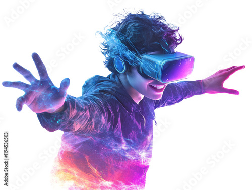 A young person wearing a VR headset joyfully experiences a vibrant and immersive virtual reality simulation.