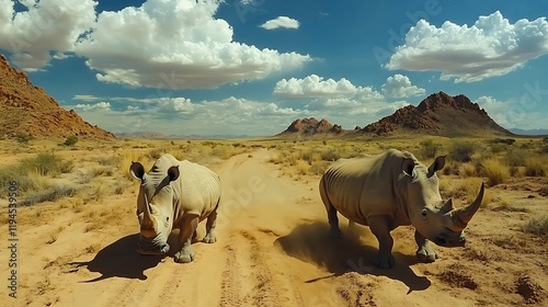Rhinos walking desert road, mountains background, safari
