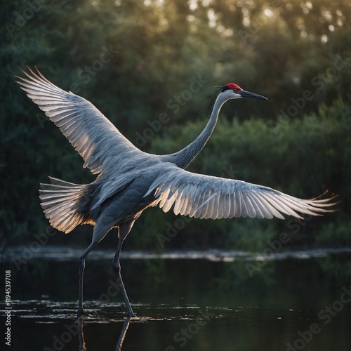 A crane with transparent wings, like glass. photo