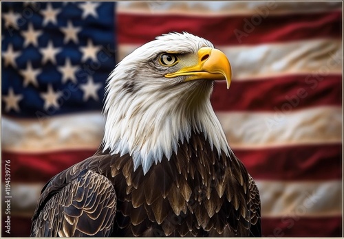 Bald eagle looking up proudly with American flag in the background